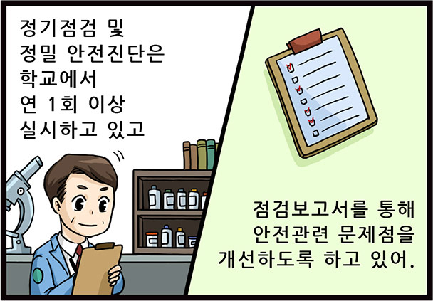 정기점검 및 정밀 안전진단은 학교에서 연 1회 이상 실시하고 있고 점검보고서를 통해 안전관련 문제점을 개선하도록 하고 있어.