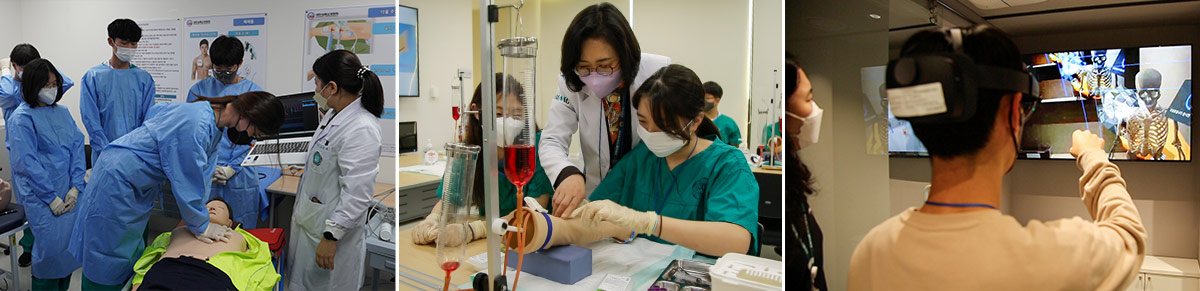 의과대학의 CPR 실습, 채혈 실습과 이화의료아카데미 VR교육센터의 해부학VR을 체험하는 고교생들